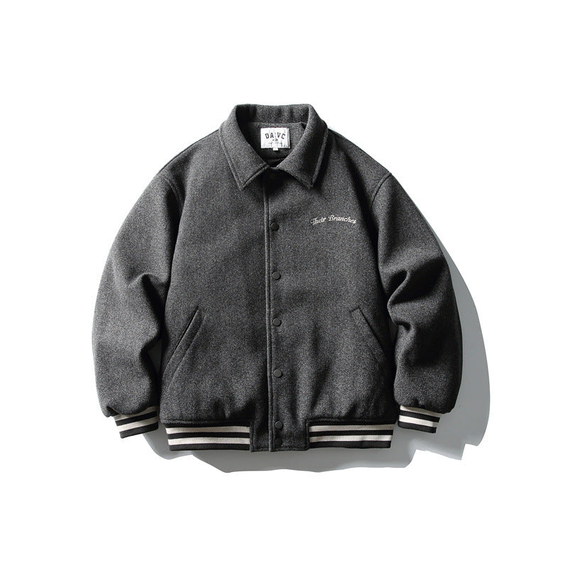 Herren Boxy College‑Blousonjacke aus Wollmix mit Druckknopfverschluss und gestreiften Rippbündchen Nord Taschen
