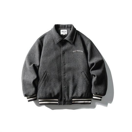 Herren Boxy College‑Blousonjacke aus Wollmix mit Druckknopfverschluss und gestreiften Rippbündchen Nord Taschen