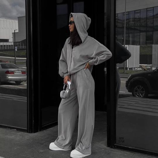 Damen luxuriöses Velours-Lounge-Set mit kurzem Reißverschluss-Hoodie und weitem High-Waist-Hose Nord Taschen