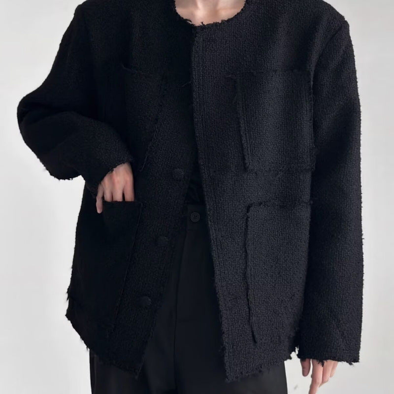 Damen Oversized Bouclé-Jacke ohne Kragen mit aufgesetzten Taschen und Raw‑Edge-Details Nord Taschen