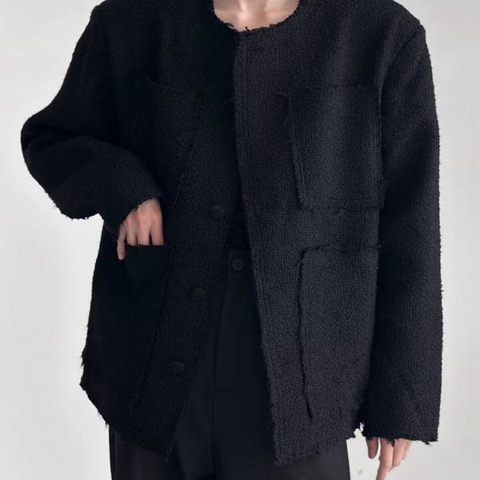 Damen Oversized Bouclé-Jacke ohne Kragen mit aufgesetzten Taschen und Raw‑Edge-Details Nord Taschen
