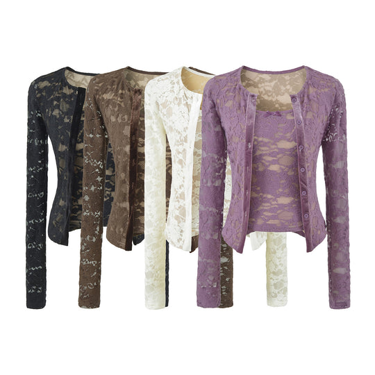 Damen Feiner Spitzen-Cardigan mit passendem Untertop und Samtbesatz Nord Taschen