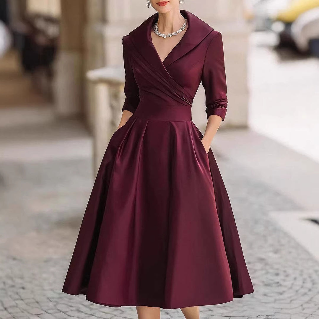 Damen Elegantes Satin-Midikleid mit Wickeloberteil, mittellangen Ärmeln und Eingrifftaschen Nord Taschen
