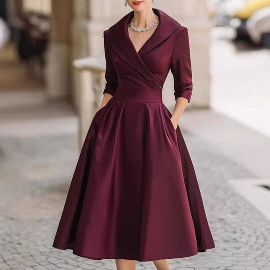 Damen Elegantes Satin-Midikleid mit Wickeloberteil, mittellangen Ärmeln und Eingrifftaschen Nord Taschen