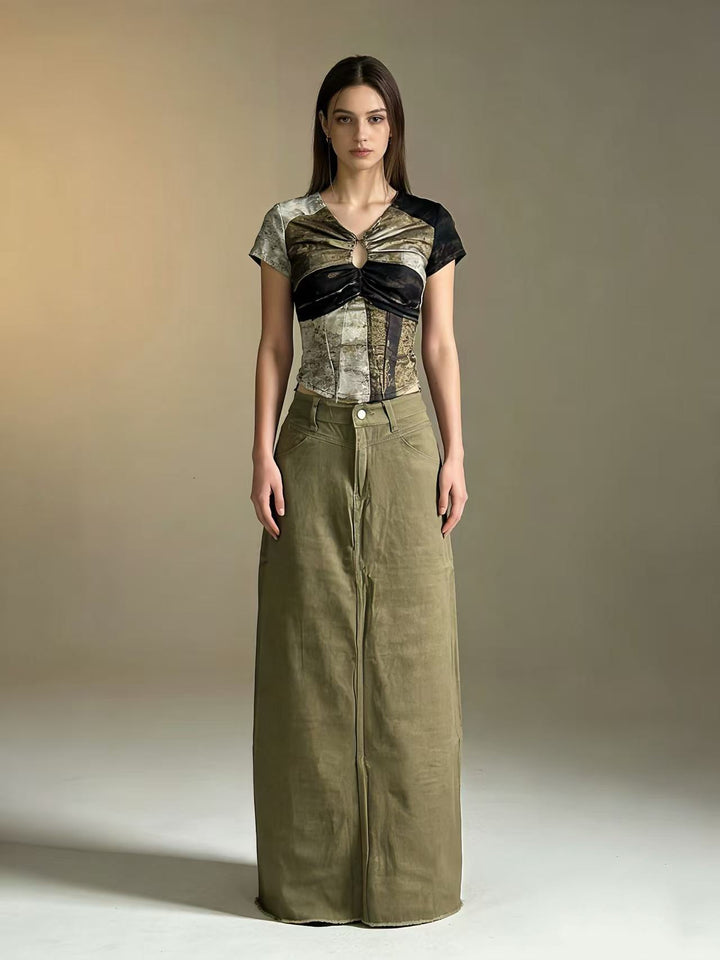 Damen langer High-Waist Denim-Maxirock mit gerader Silhouette und rohem Saum Nord Taschen