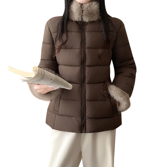 Damen nan taillierte Thermosteppjacke mit abnehmbarem Fake-Fur-Kragen und elastischem Taillengürtel Nord Taschen