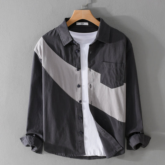 Herren Baumwoll-Overshirt mit diagonalem Colorblock, Kentkragen und Brusttasche Nord Taschen
