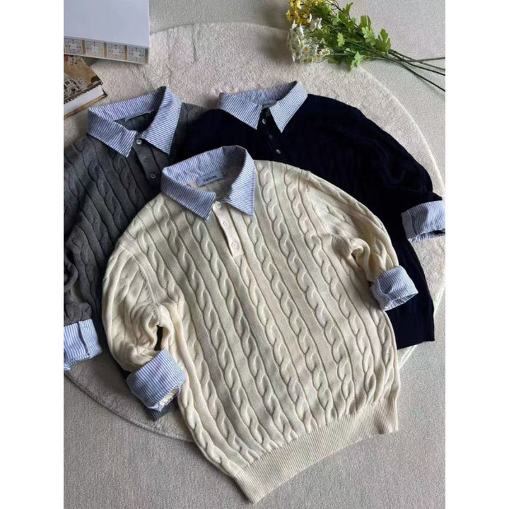 Damen gestrickter Polo-Pullover mit Zopfmuster und eingesetztem Hemdkragen Nord Taschen