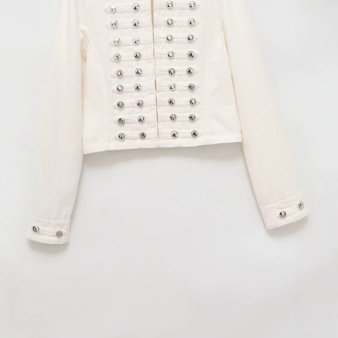 Damen Jeansjacke im Militärstil mit Stehkragen und dekorativen Zierknopfleisten Nord Taschen