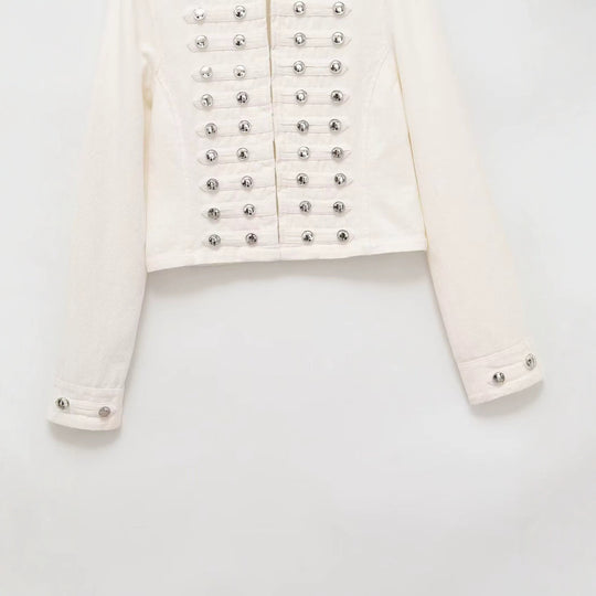 Damen Jeansjacke im Militärstil mit Stehkragen und dekorativen Zierknopfleisten Nord Taschen