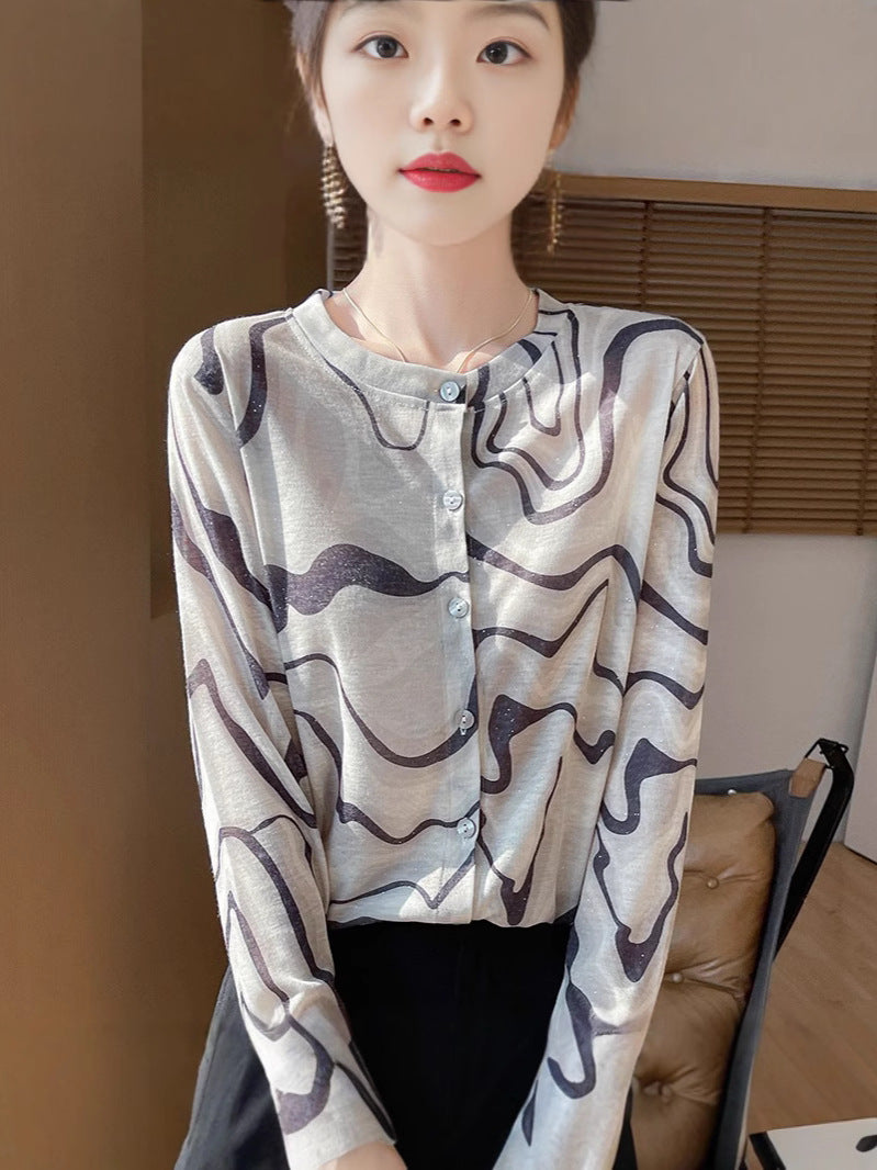 Damen Leichter Aquarell‑Print Feinstrick‑Cardigan mit Rundhalsausschnitt und Knopfleiste Nord Taschen