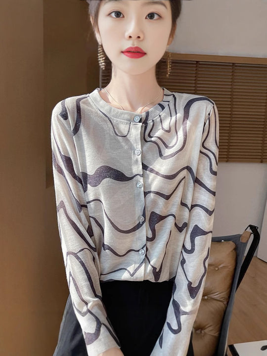 Damen Leichter Aquarell‑Print Feinstrick‑Cardigan mit Rundhalsausschnitt und Knopfleiste Nord Taschen