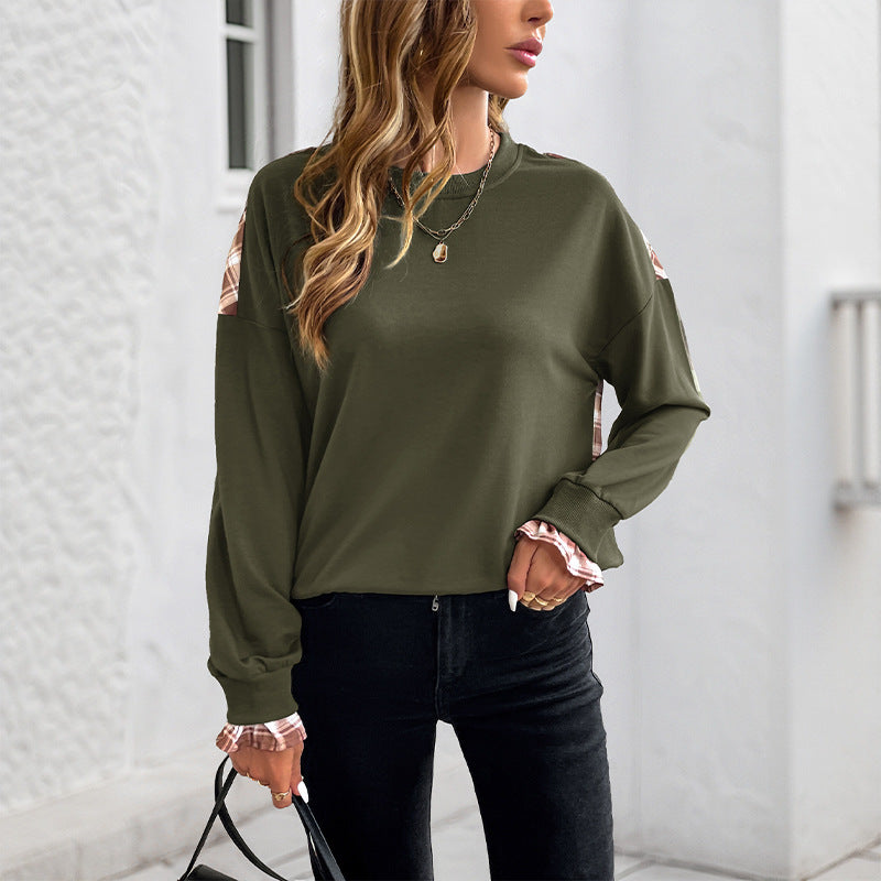 Damen Lässiges Rundhals-Sweatshirt mit Karomuster‑Einsätzen und gerafften Manschetten Nord Taschen