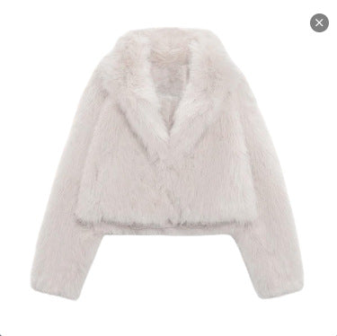 Damen Kurze Cropped Kunstpelzjacke mit voluminösem Schalkragen Nord Taschen
