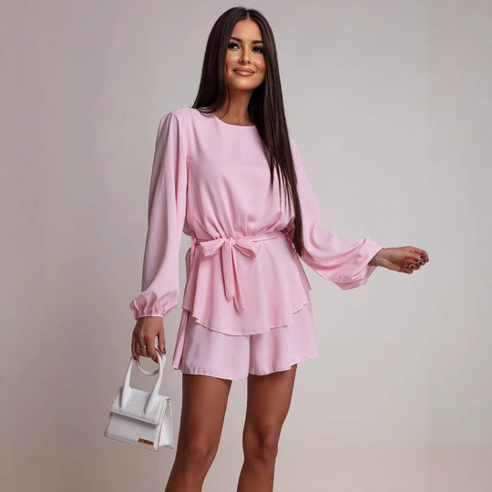 Damen Kurzkleid mit Volantrock, Taillenbindegürtel und Ballonärmeln Nord Taschen