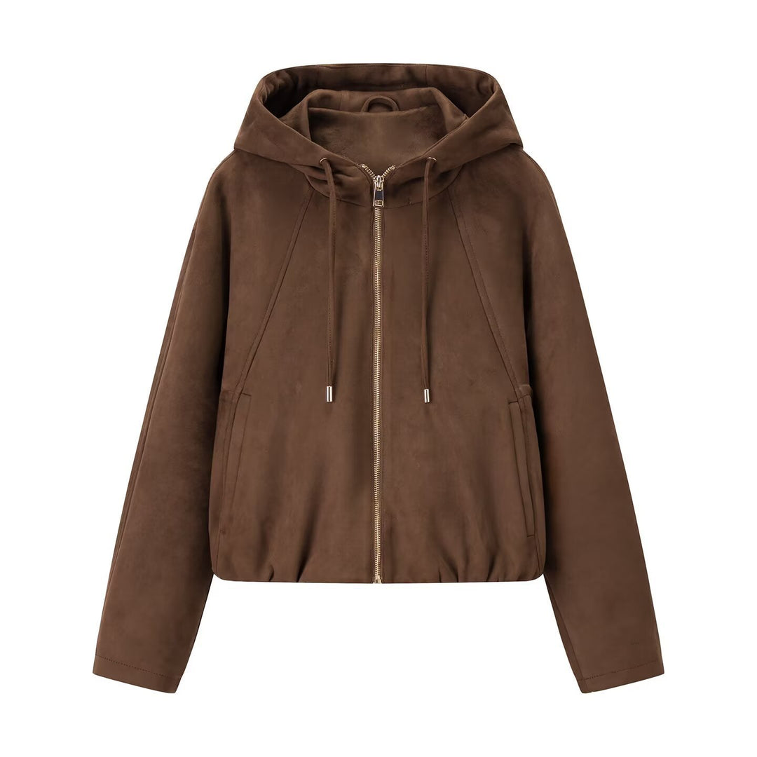 Damen Kurzjacke im Veloursleder‑Look mit Kapuze, Tunnelzug und Reißverschluss Nord Taschen