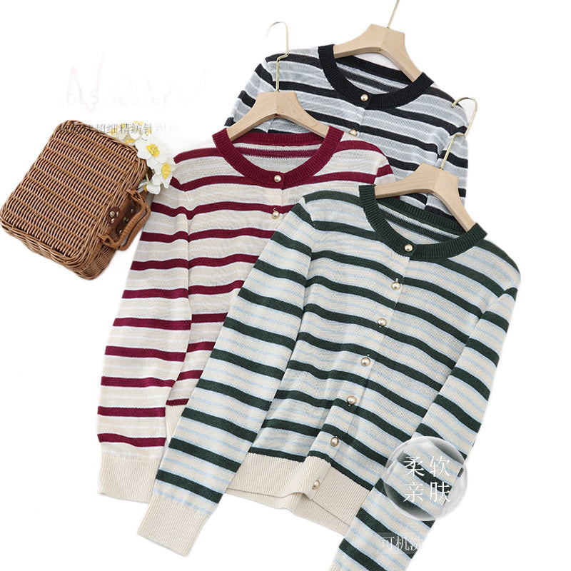Damen Leichter Streifen-Cardigan aus Baumwollmix mit Perlmutt-Druckknöpfen und Rippbündchen Nord Taschen