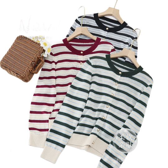 Damen Leichter Streifen-Cardigan aus Baumwollmix mit Perlmutt-Druckknöpfen und Rippbündchen Nord Taschen
