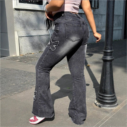 Damen Hochtaillierte Flared-Jeans mit Schmetterlingsstickerei, rohem Saum und sculptendem Stretchbund Nord Taschen