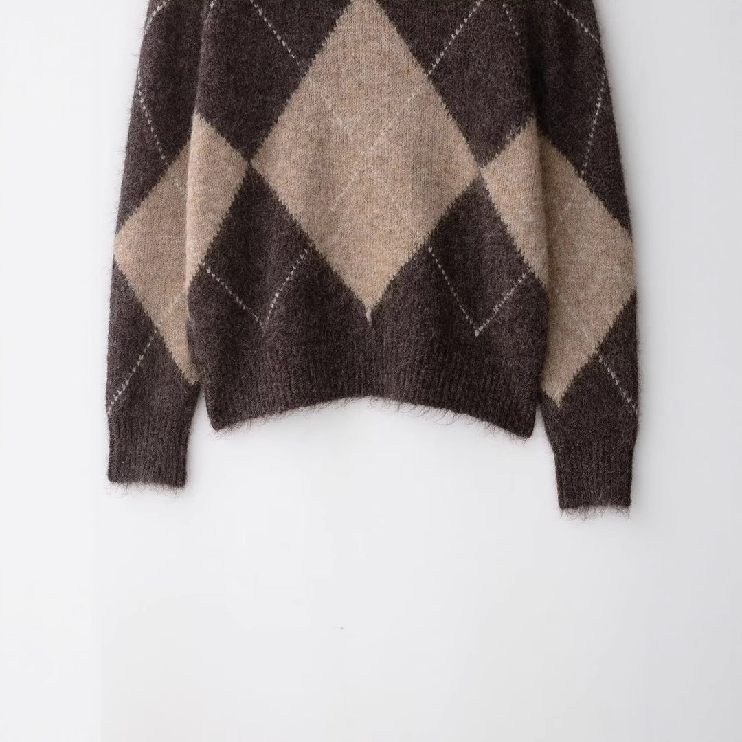 Damen Oversized Strickpullover mit Rollkragen und Rautenmuster Nord Taschen
