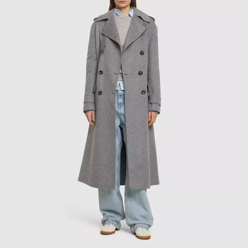 Damen Midilanger Taillierter Doppelreiher‑Trenchcoat aus Wollmix mit ausgestelltem Saum Nord Taschen