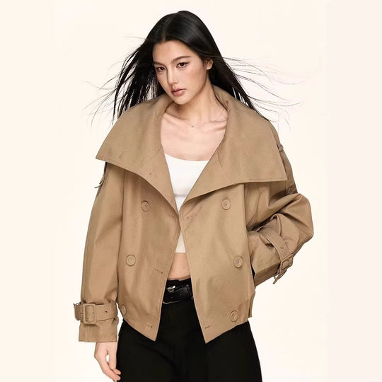 Damen Oversized Doppelreihige Trench-Bomberjacke mit hohem Stehkragen Nord Taschen