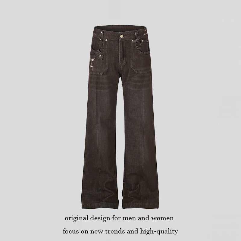 Damen Weite High‑Waist Denimhose mit geradem Bein und Utility‑Pattentaschen Nord Taschen