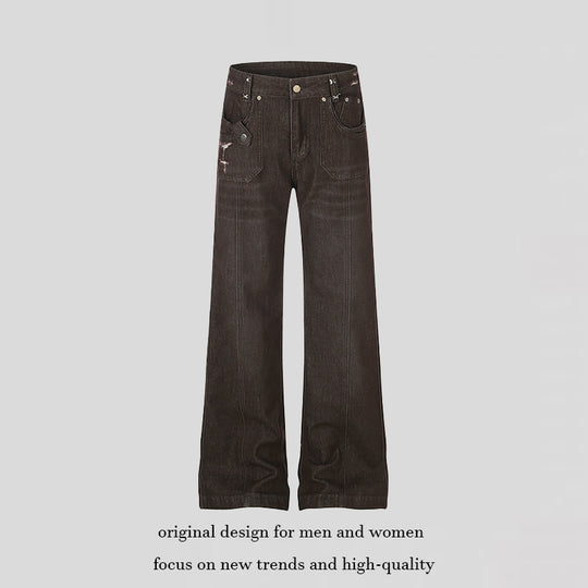 Damen Weite High‑Waist Denimhose mit geradem Bein und Utility‑Pattentaschen Nord Taschen