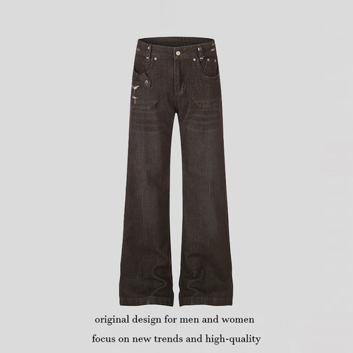 Damen Weite High‑Waist Denimhose mit geradem Bein und Utility‑Pattentaschen Nord Taschen