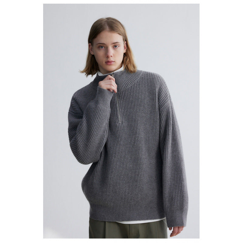 Herren Oversized Rippstrick-Halbzippullover mit verlängertem Arm und hohem Stehkragen Nord Taschen