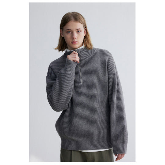 Herren Oversized Rippstrick-Halbzippullover mit verlängertem Arm und hohem Stehkragen Nord Taschen