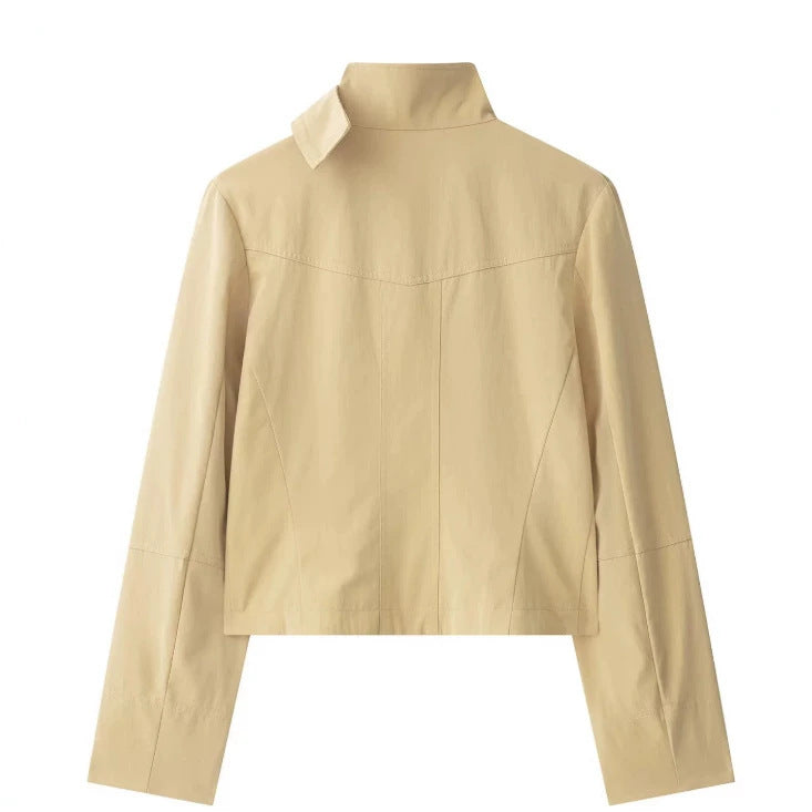 Damen Cropped Doppelreihige Kurzjacke im Blousonstil mit Stehkragen und Pattentaschen Nord Taschen