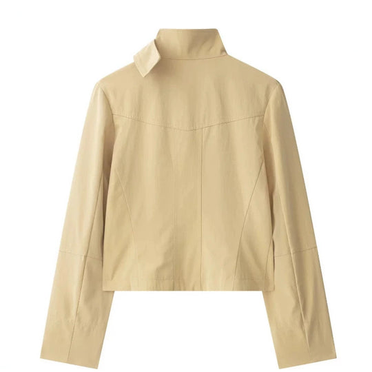 Damen Cropped Doppelreihige Kurzjacke im Blousonstil mit Stehkragen und Pattentaschen Nord Taschen