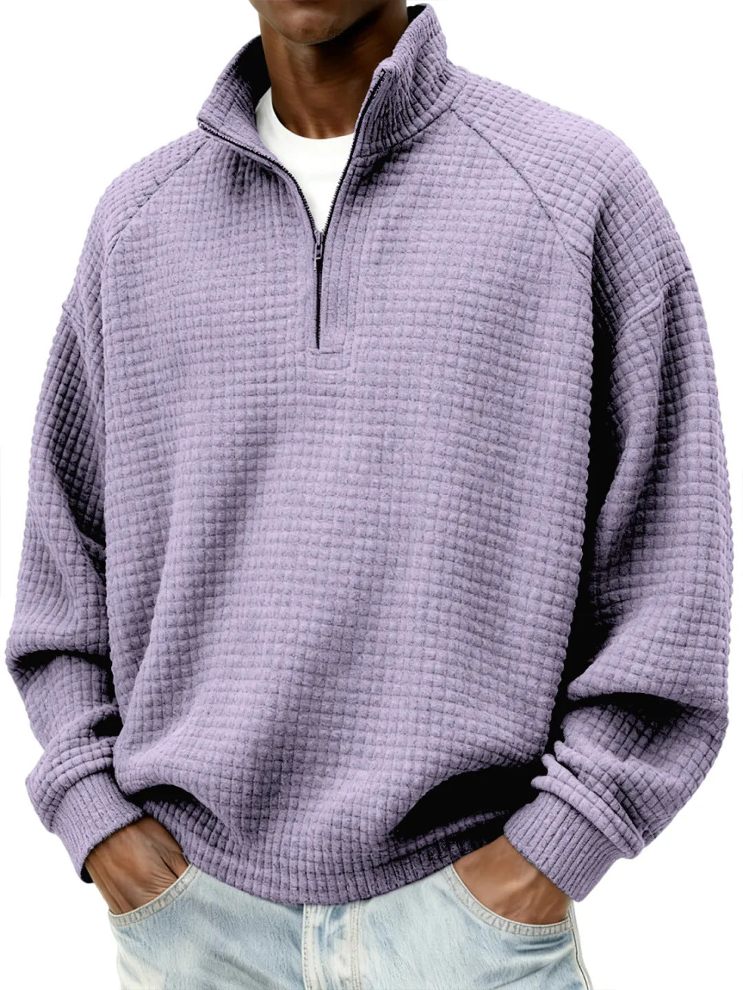 Herren Waffelstrick-Oversize-Pullover mit Halbreißverschluss und Stehkragen Nord Taschen