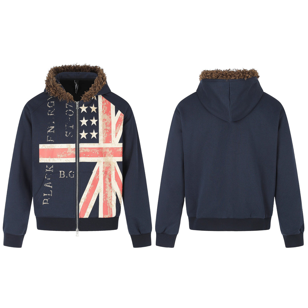 Herren Kapuzenjacke mit Kunstfellbesatz, Reißverschluss und Vintage‑Flaggenprint Nord Taschen