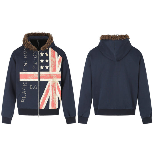 Herren Kapuzenjacke mit Kunstfellbesatz, Reißverschluss und Vintage‑Flaggenprint Nord Taschen