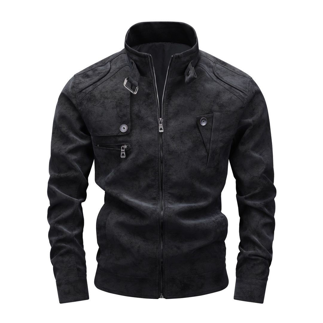 Herren Slim-Fit Biker-Bomberjacke aus Wildlederimitat mit Stehkragen und Zierknöpfen Nord Taschen