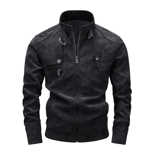 Herren Slim-Fit Biker-Bomberjacke aus Wildlederimitat mit Stehkragen und Zierknöpfen Nord Taschen