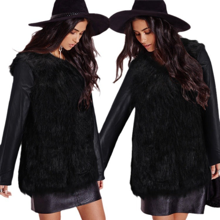Damen Kunstpelz‑Mixjacke mit veganen Lederärmeln und Longline‑Silhouette Nord Taschen