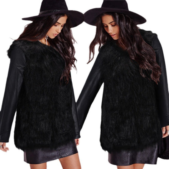 Damen Kunstpelz‑Mixjacke mit veganen Lederärmeln und Longline‑Silhouette Nord Taschen