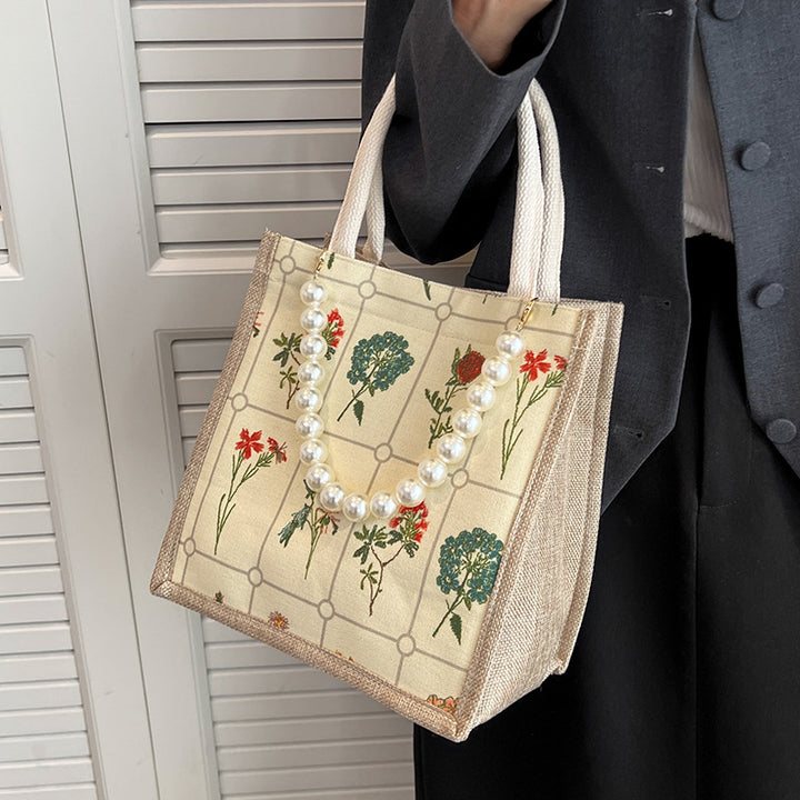 Damen Jute-Shopper Tasche mit floralem Stickmuster und stabilen Griffen Nord Taschen