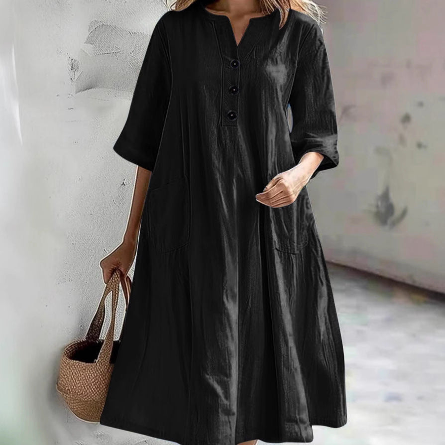 Damen lässiges Baumwollkleid mit Knopfleiste und praktischen Taschen