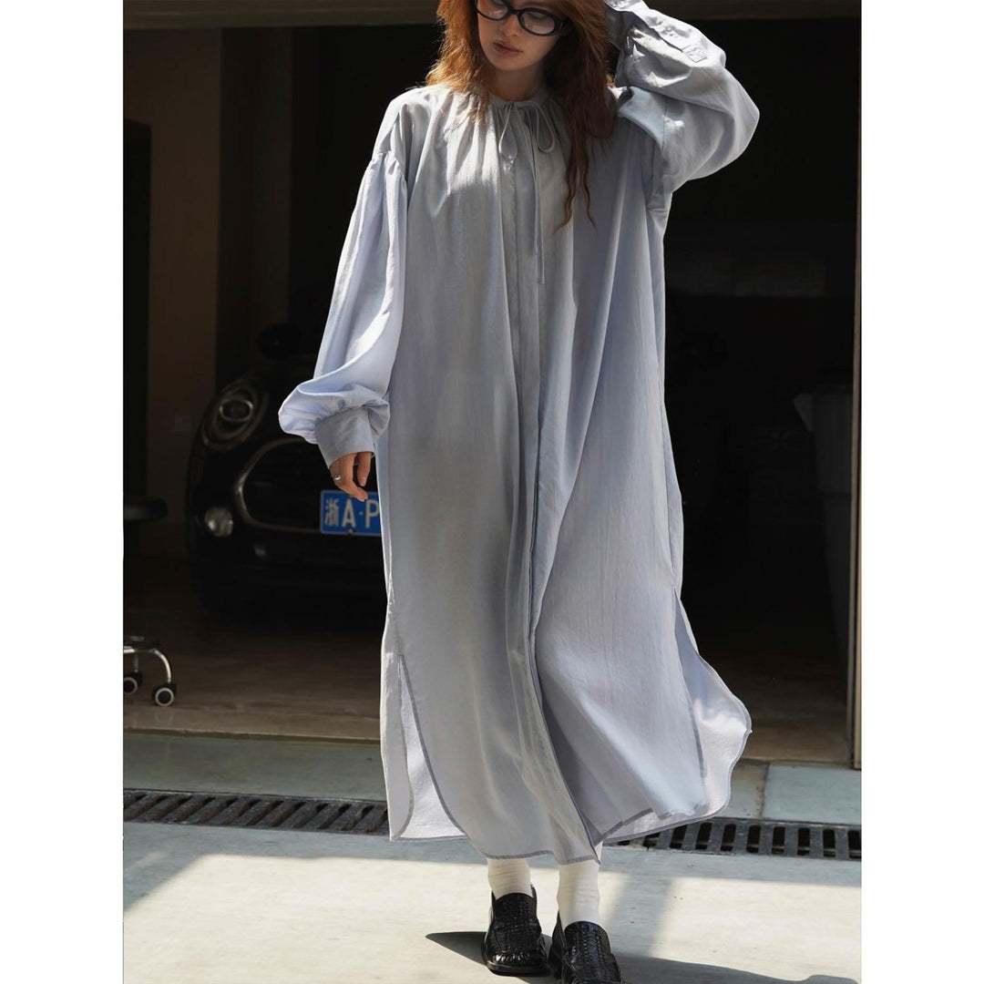 Damen Weiches Oversize-Maxikleid mit Bindekragen und Ballonärmeln Nord Taschen