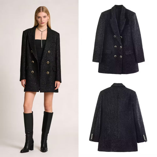 Damen Doppelreihiger Bouclé-Mantelblazer mit Reverskragen und dekorativen Metallösen Nord Taschen