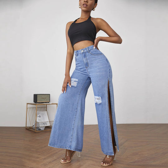 Damen weite High-Waist Denim-Jeanshose mit seitlichen Beinschlitzen und Destroyed-Kniepartien Nord Taschen