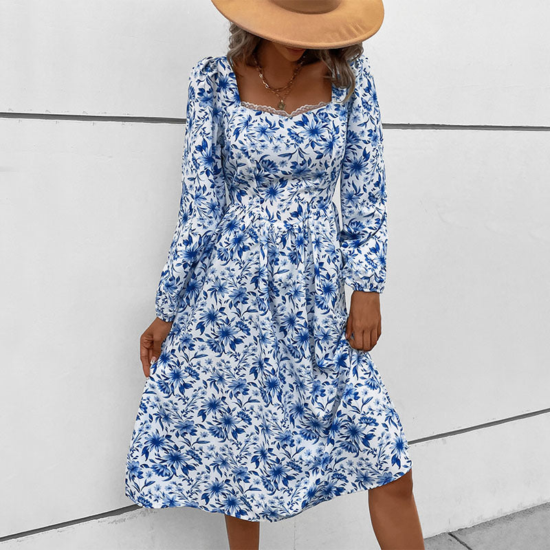 Damen Blumiges Midi-Kleid mit schulterfreien Ärmeln Nord Taschen