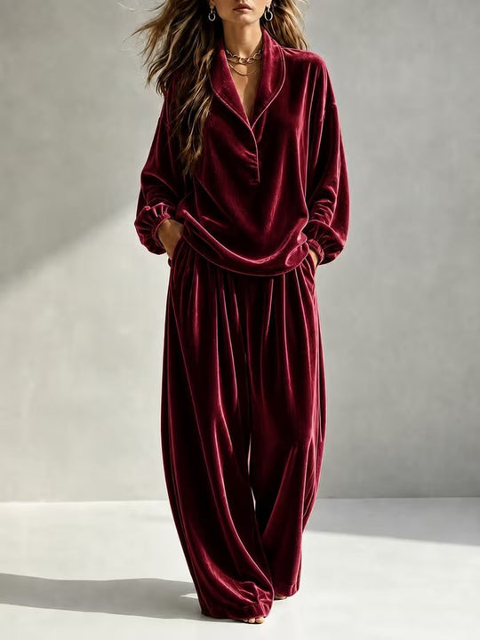 Damen Luxuriöses Velours-Loungewear-Set mit Schalkragen und weiter Palazzo-Hose Nord Taschen