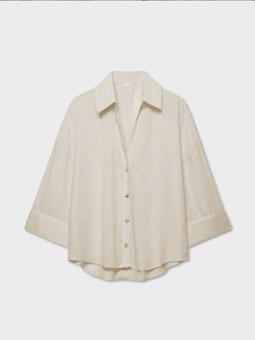 Damen Leichte Oversize Leinenoptik Bluse mit Dreiviertelärmeln und durchgehender Knopfleiste Nord Taschen