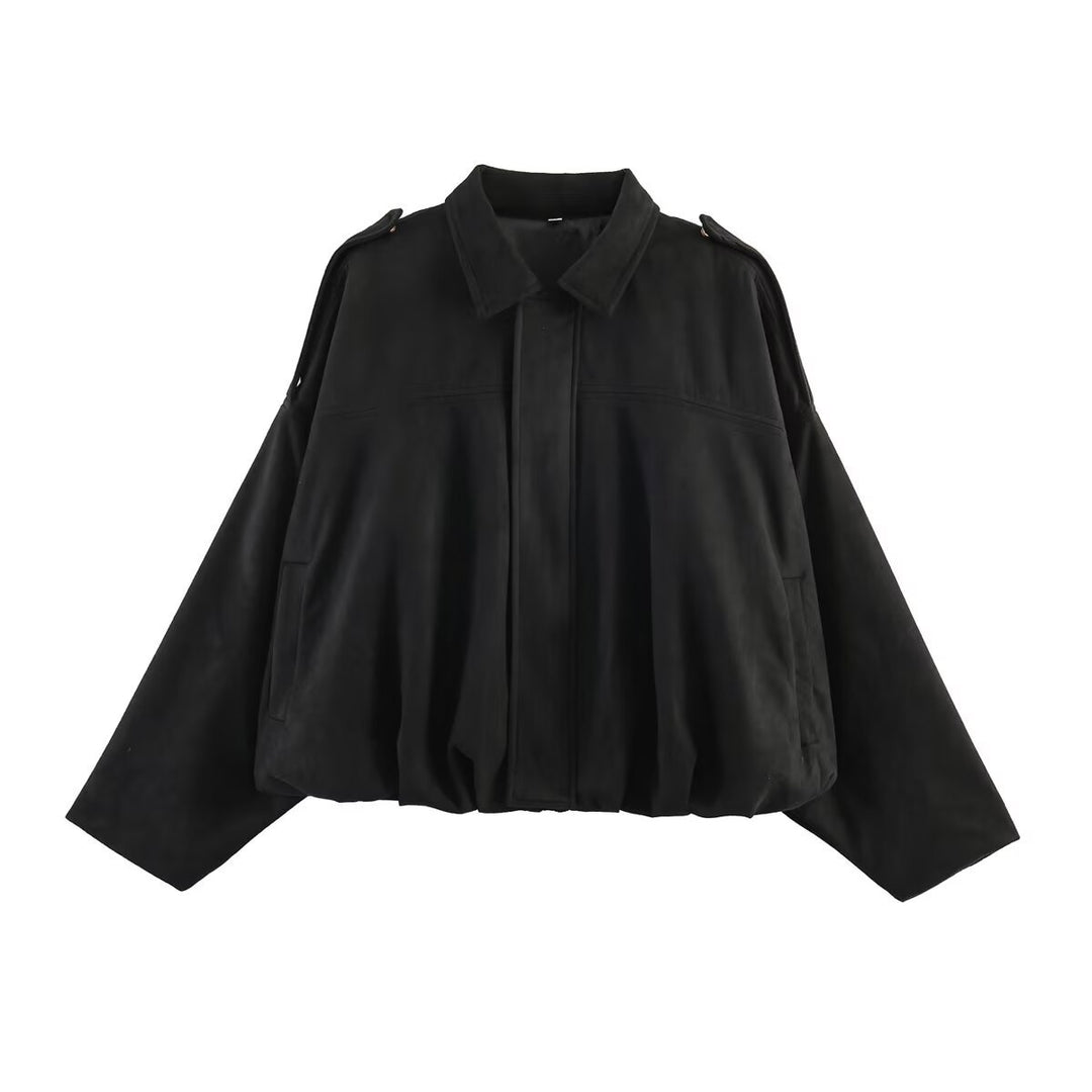 Damen Oversize-Suedejacke mit Schulterklappen, verdeckter Knopfleiste und elastischem Saum Nord Taschen