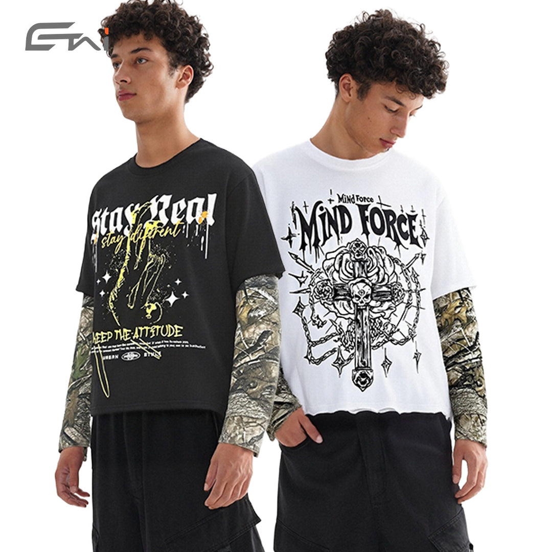 Herren Lagen-Langarm-T-Shirt mit Camouflage-Innensärmeln und Gothic-Print Nord Taschen